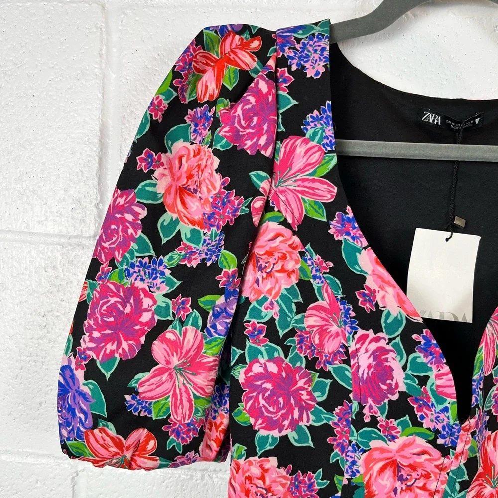 Zara Floral Puff Sleeve Crop Top Blouse - Picture 4 of 14